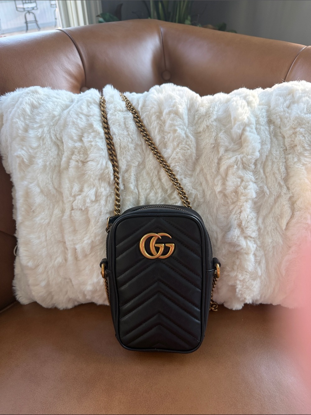 Gucci Black Chevron Mini Crossbody with Gold Chain and Double G